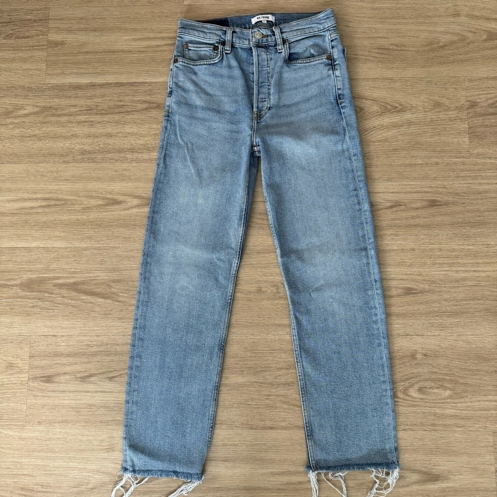 re/done dark blue wash high waisted rise straight slim raw edge denim jeans